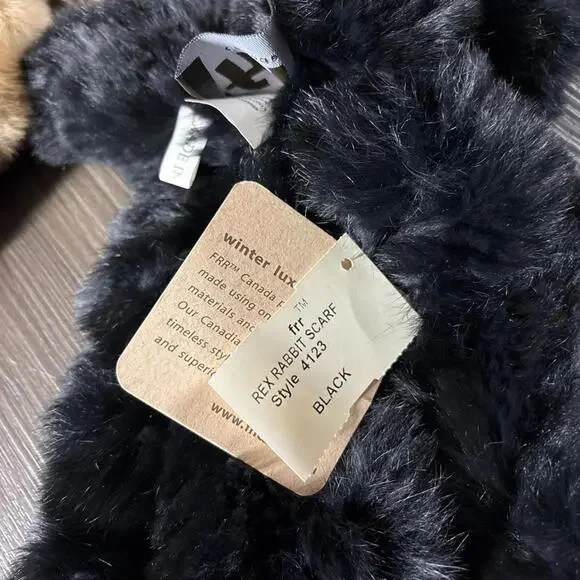 NWT Rex Rabbit Fur Scarf Black Pull Through Tan Slotted Scarves - Picture 4 of 9